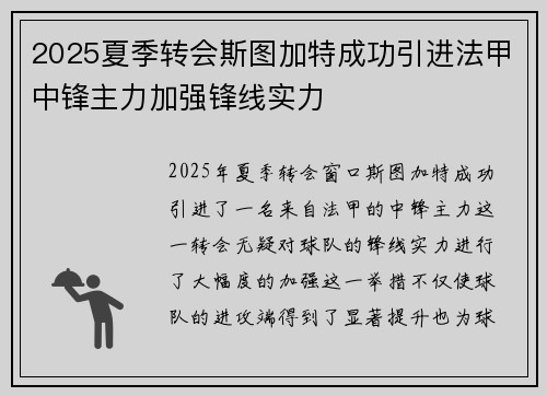 2025夏季转会斯图加特成功引进法甲中锋主力加强锋线实力 2025夏季转会斯图加特成功引进法甲中锋主力加强锋线实力